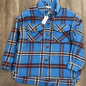 NWT Sewn +Seen Blue Soft Flannel Plaid Button-Up Shacket